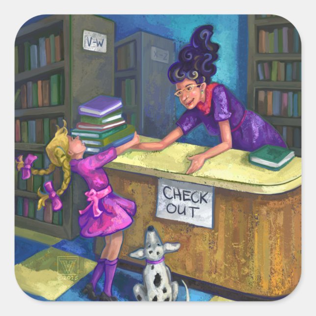 Adesivo Quadrado Trabalho de arte de Saída de Biblioteca (Frente)
