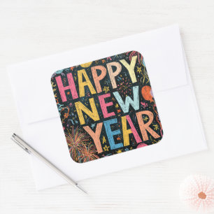 Adesivo Quadrado Trabalho em Giz de Ano Novo Feliz Festivo