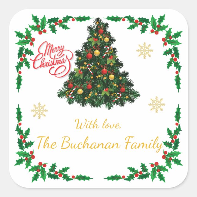 Adesivo Quadrado Traditional Christmas Holly Border Personalised (Frente)
