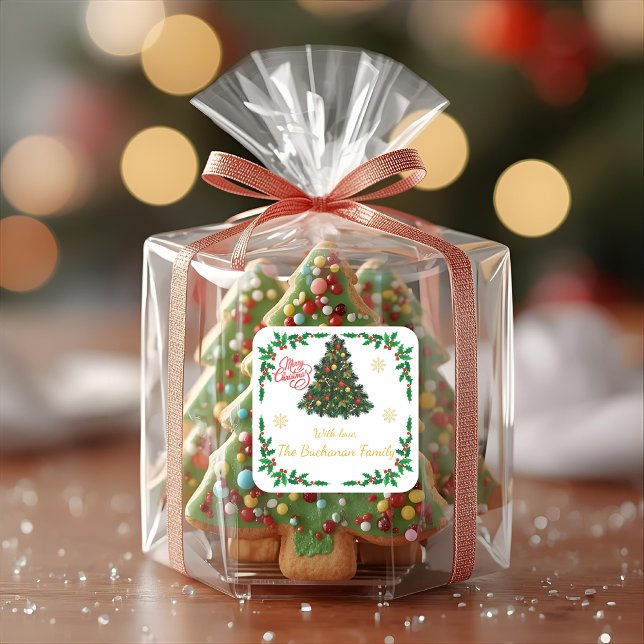 Adesivo Quadrado Traditional Christmas Holly Border Personalised (Personalise Family Christmas Sticker)