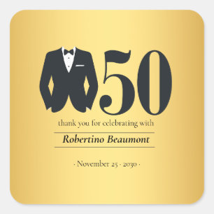 Adesivo Quadrado Traje Elegante Masculino Preto Dourado Aniversário