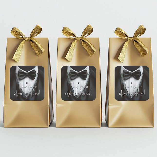 Adesivo Quadrado Traje Masculino Preto e Branco Festa de Aniversári (Tuxedo stickers with classy black tuxedo. Add your text, logo, photo, etc., to personalize.)