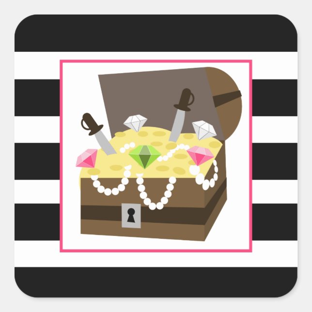 Adesivo Quadrado Treasure Chest com Joias Rosa (Frente)
