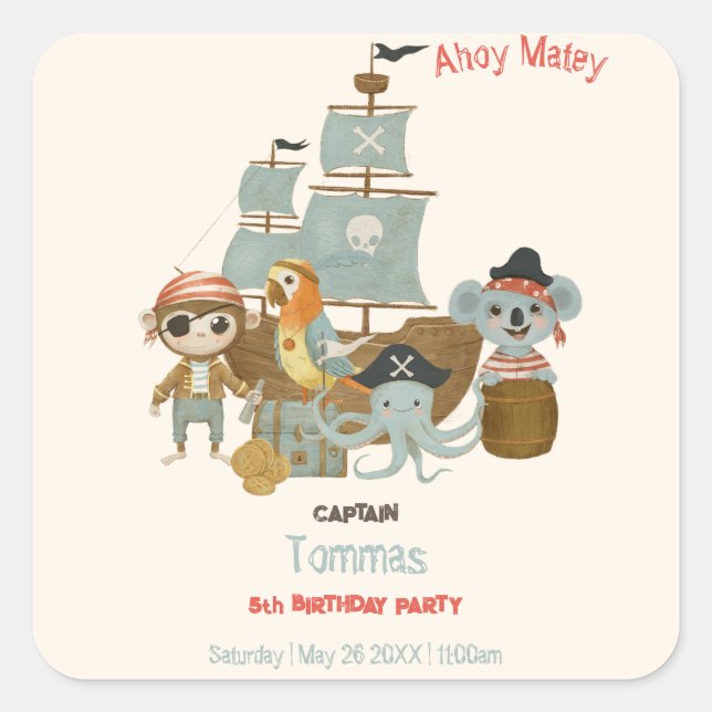 Adesivo Quadrado Treasure Hunters Pirate Birthday (Frente)