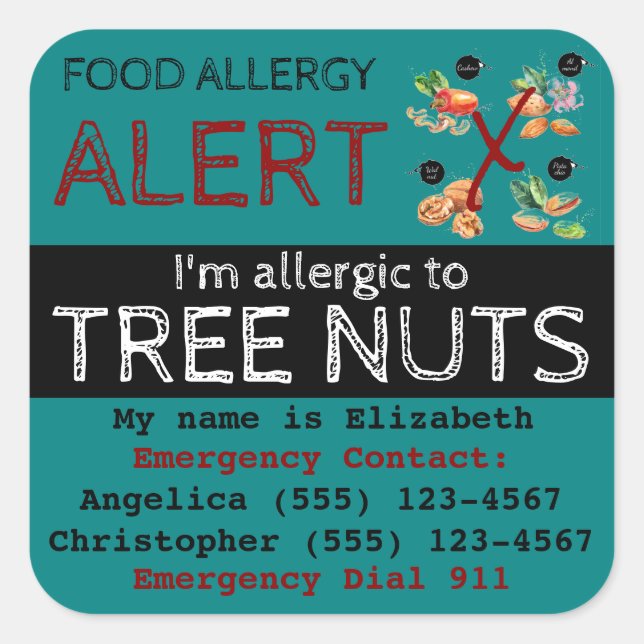 Adesivo Quadrado Tree Nut Allergy Alert Sticker Teal (Frente)