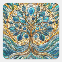 Tree of Life Shattered Glass Mosaic Aqua Blues