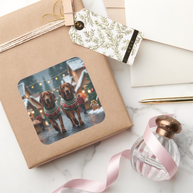 Adesivo Quadrado Treeing Walker Coonhound Dogs Christmas Snow  (Presentear)