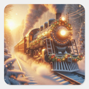 Adesivo Quadrado Trem de Natal Vintage Férias Inverno Nevado