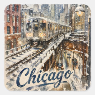 Adesivo Quadrado Trem El de Chicago na Neve de Inverno