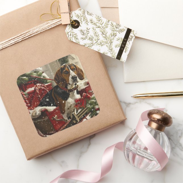 Adesivo Quadrado Tremendo Walker Coonhound Cão Natal Festivo (Presentear)