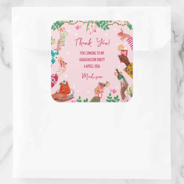 Adesivo Quadrado Trendy Doodle Cheers to Grad Photo Thank You (Bolsa)