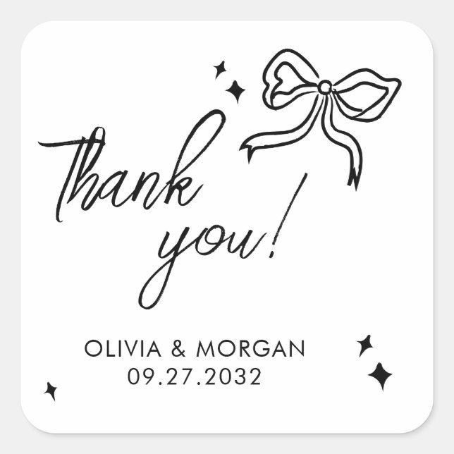 Adesivo Quadrado Trendy Doodle Ribbon Weding Obrigado (Frente)