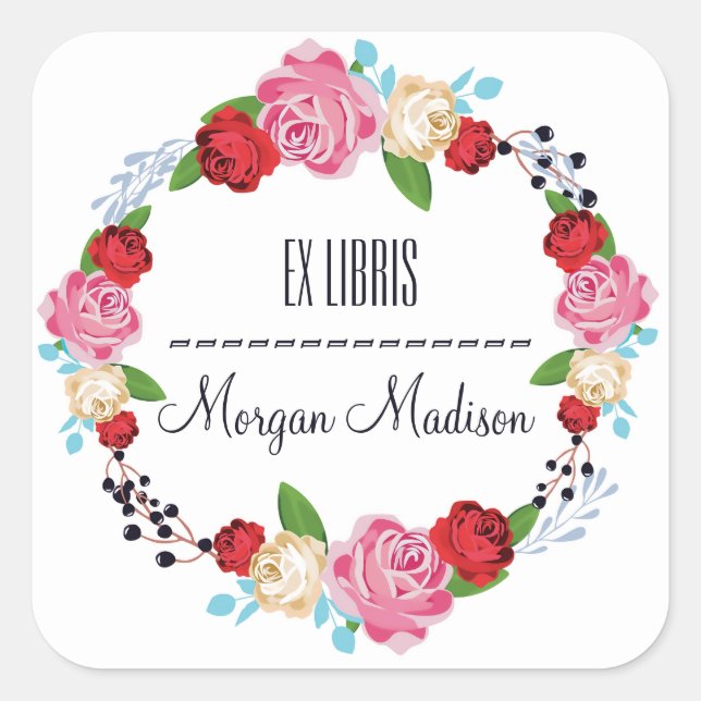Adesivo Quadrado Trendy Floral Rosas Wreath Bookplate (Frente)