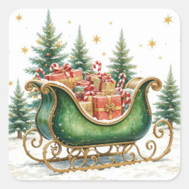 Adesivo Quadrado Trenó de Natal em Aquarela Vintage