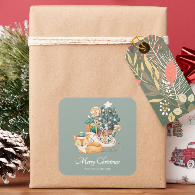 Adesivo Quadrado Trenós de Natal da Raposa de Aquarela Férias Verde (Feriado)