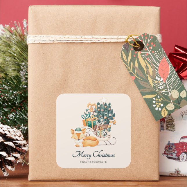 Adesivo Quadrado Trenós de Natal de Raposa em Aquarela Férias (Feriado)