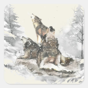 Adesivo Quadrado Três Lobos Uivando Nevasca Inverno Vida Selvagem