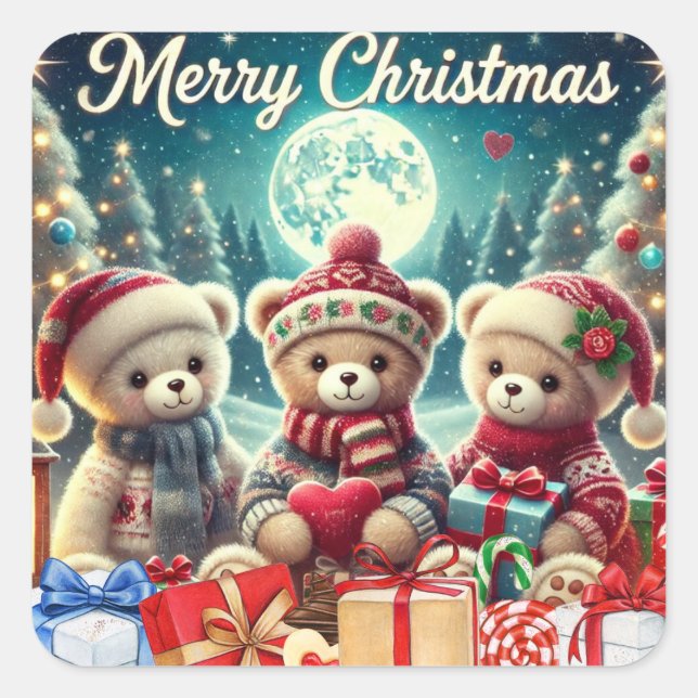 Adesivo Quadrado Três Ursos de Teddy Bonitos Feliz Natal (Frente)