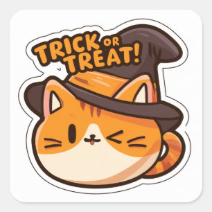 Adesivo Quadrado Trick or Treat! - Gato com chapéu 1