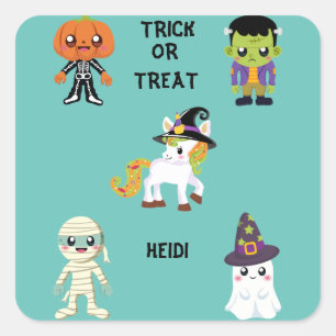 ADESIVO QUADRADO "TRICK OU TRATAR VESTIDO PERSONALIZADO