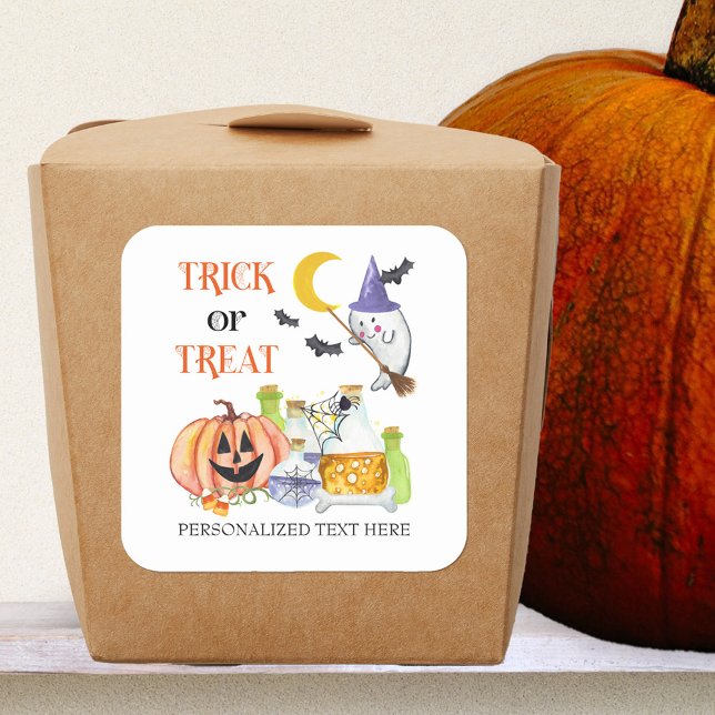 Adesivo Quadrado Trick ou Trate o Favor do Partido do Halloween (Trick or Treat stickers for halloween visitors, baby shower or birthday party)