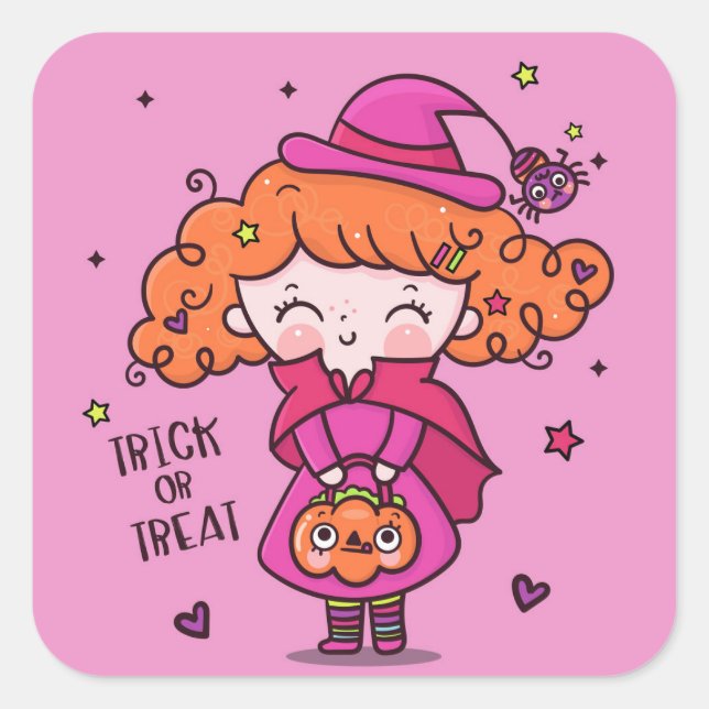 Adesivo Quadrado Trick ou Treine a Menina de Halloween Bonita (Frente)