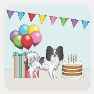 Adesivo Quadrado Tricolor Papillon Cartoon Cão Colorido Aniversário