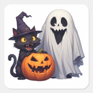 Adesivo Quadrado Trío Clássico de Gato Fantasma de Halloween 🎃
