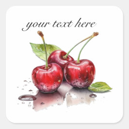 Adesivo Quadrado Trio de Cereja Fresca em Aquarela, personalizado
