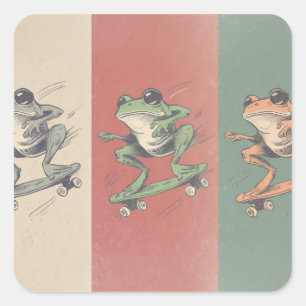 Adesivo Quadrado Trío de Rãs Skate Retro – Arte Animal Vintage
