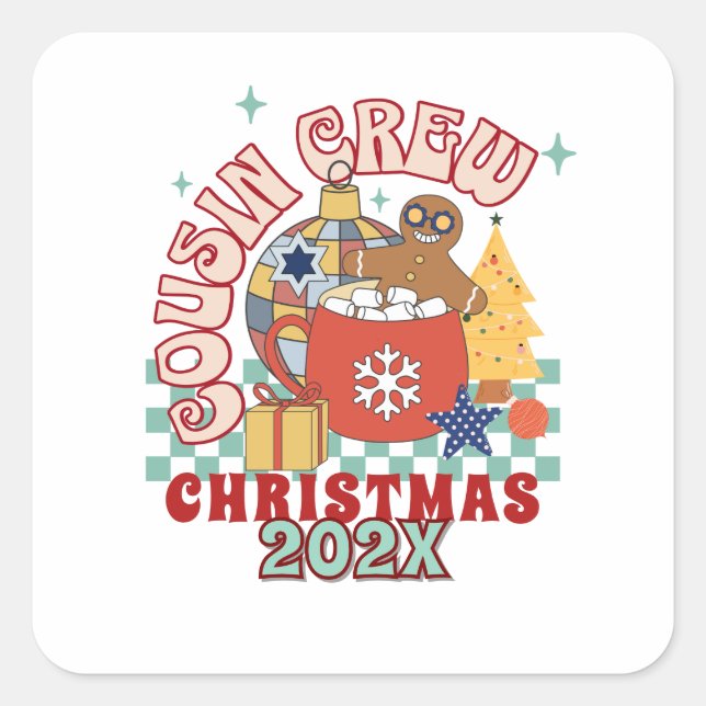 Adesivo Quadrado Tripulação de primos coincidentes crianças de Nata (Frente)