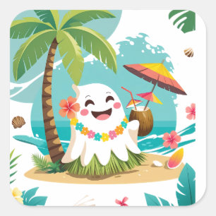Adesivo Quadrado Tropical Boo - Kawaii Havaii - Férias Fantasmas