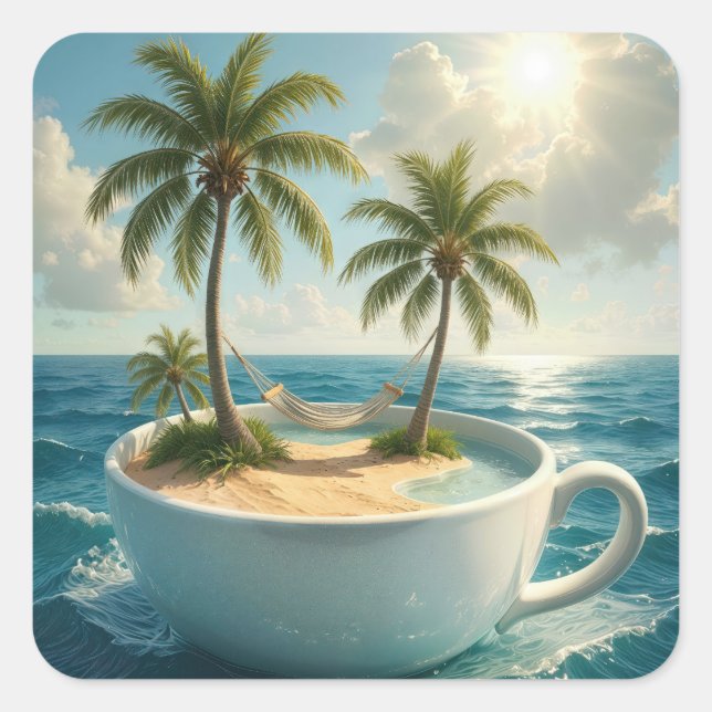Adesivo Quadrado Tropical Island With Hammock in a Teacup (Frente)
