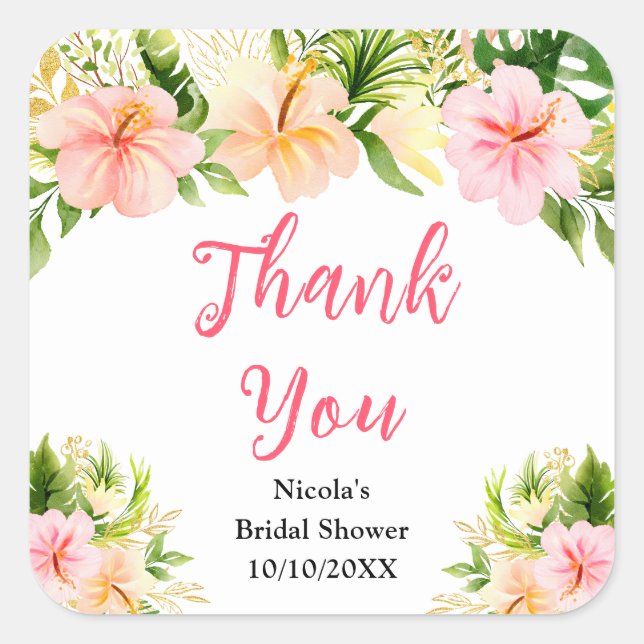 Adesivo Quadrado Tropical Jungle Floral Bridal Shower Thank You (Frente)