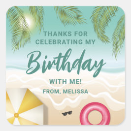 Adesivo Quadrado Tropical Sunny Teal Beach Sand Birthday Thank You