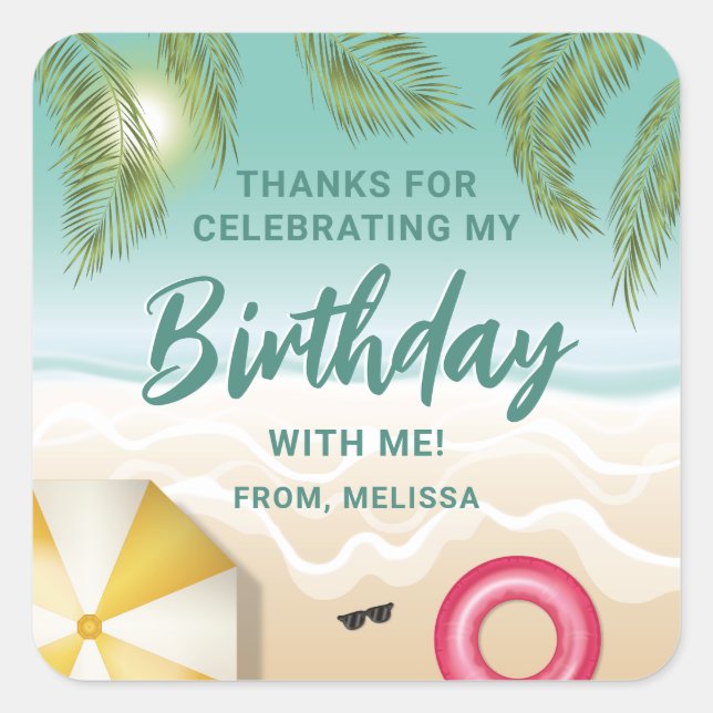 Adesivo Quadrado Tropical Sunny Teal Beach Sand Birthday Thank You (Frente)