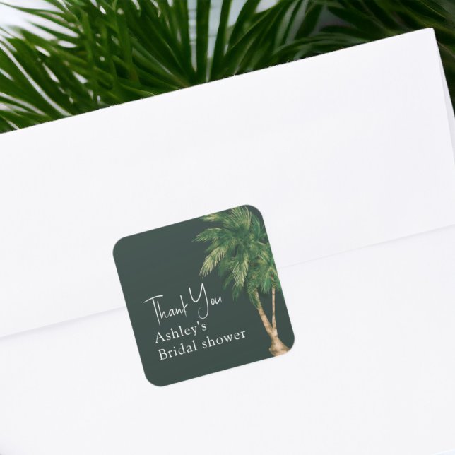 Adesivo Quadrado Tropical verde script palmeira noiva agradecer (Tropical greenery script palm tree bridal thank square sticker)