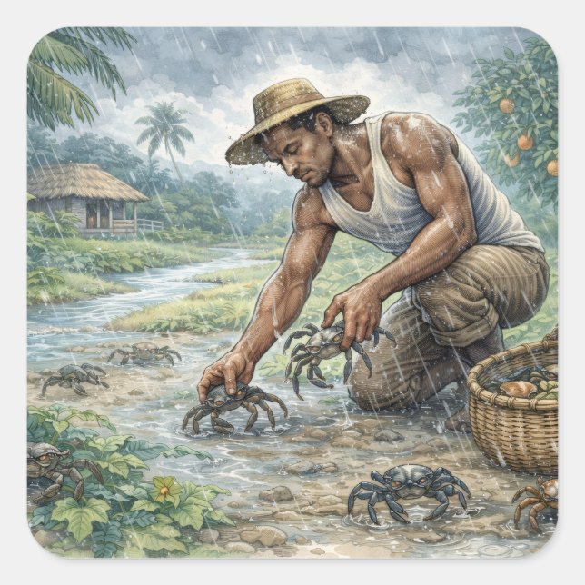 Adesivo Quadrado Tropical Village Life: Man Catching Crabs in Rain (Frente)