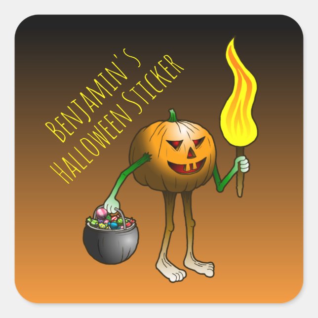 Adesivo Quadrado Truque de Halloween ou Tratando Abóbora (Frente)