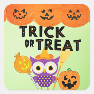 Adesivo Quadrado Truque ou tratamento, coruja de Halloween, Dia de