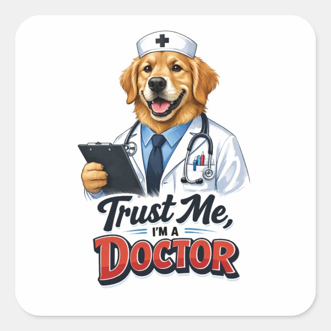 Adesivo Quadrado Trust Me I’m a Dogtor Funny Dog Doctor (Frente)