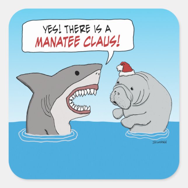 Adesivo Quadrado Tubarão e Manatee Claus, bonitos e engraçados (Frente)