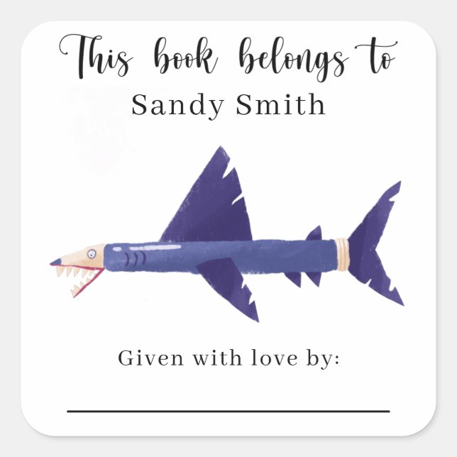Adesivo Quadrado Tubarão-lápis - Este livro pertence com mensagem (Frente)