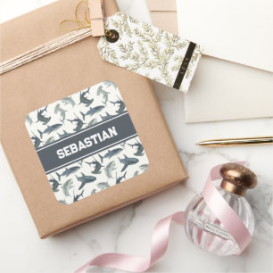 Adesivo Quadrado Tubarão Personalizado   Tubarões de Aquarela