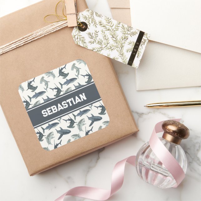 Adesivo Quadrado Tubarão Personalizado | Tubarões de Aquarela (Presentear)