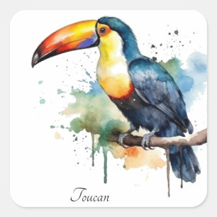 Adesivo Quadrado Tucano no Ramo Arte em Aquarela, personalizado