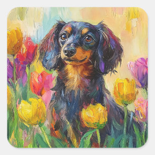 Adesivo Quadrado Tulipas Coloridas Bonitas Dachshund