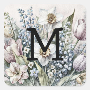 Adesivo Quadrado Tulipas cor-de-rosa com desenho floral monograma