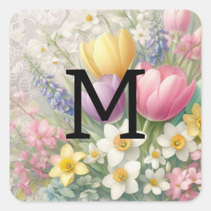 Adesivo Quadrado Tulipas cor-de-rosa com rendas monograma pastel fl