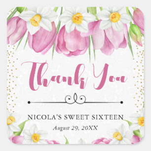 Adesivo Quadrado Tulipas e Narcisos Rosa em Aquarela para Sweet Six